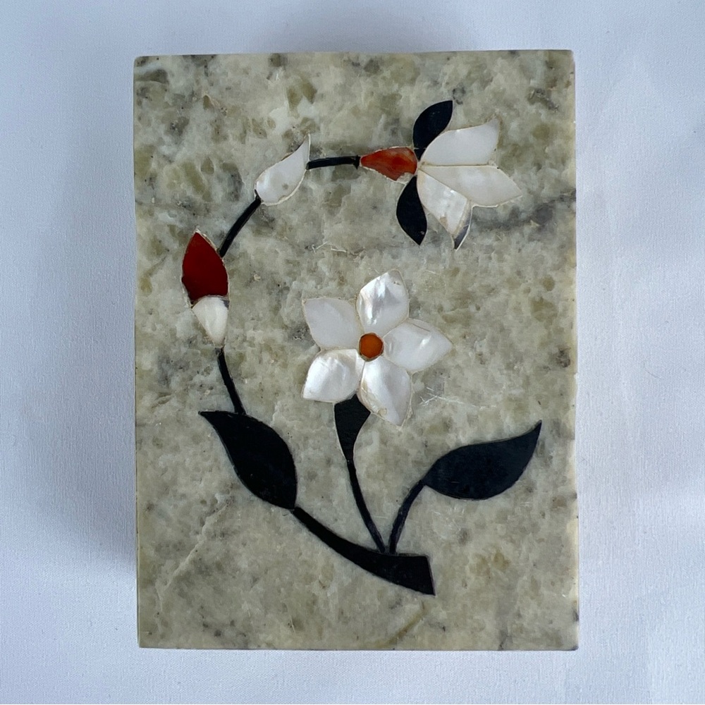 Vintage Fetco Marble Trinket Jewelry Box with Floral Inlay Magnetic Top Handmade